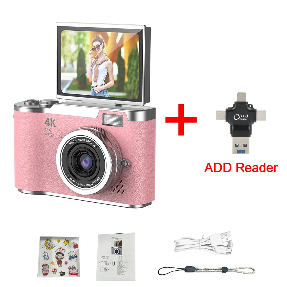Câmera Digital 4k 48mp Câmera Infantil Foco Automático Tela de 2,4 Polegadas Giratória em 180° MDUG (rosa com Leitor de Cartão 16gb)