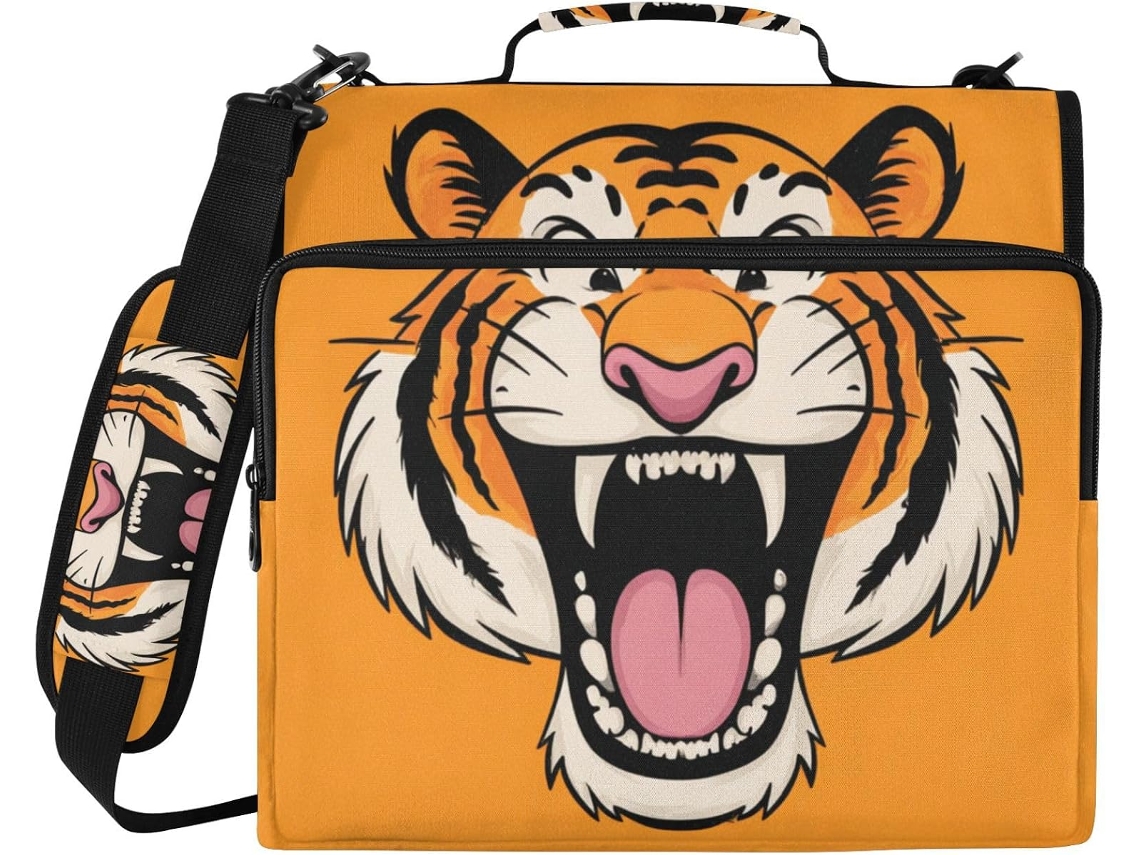Organizador de Arquivos com 3 Argolas, Alça de Ombro e Diversas Bolsas, com Estampa de Tigre Sorridente e Divertida, Ideal para Arquivos.