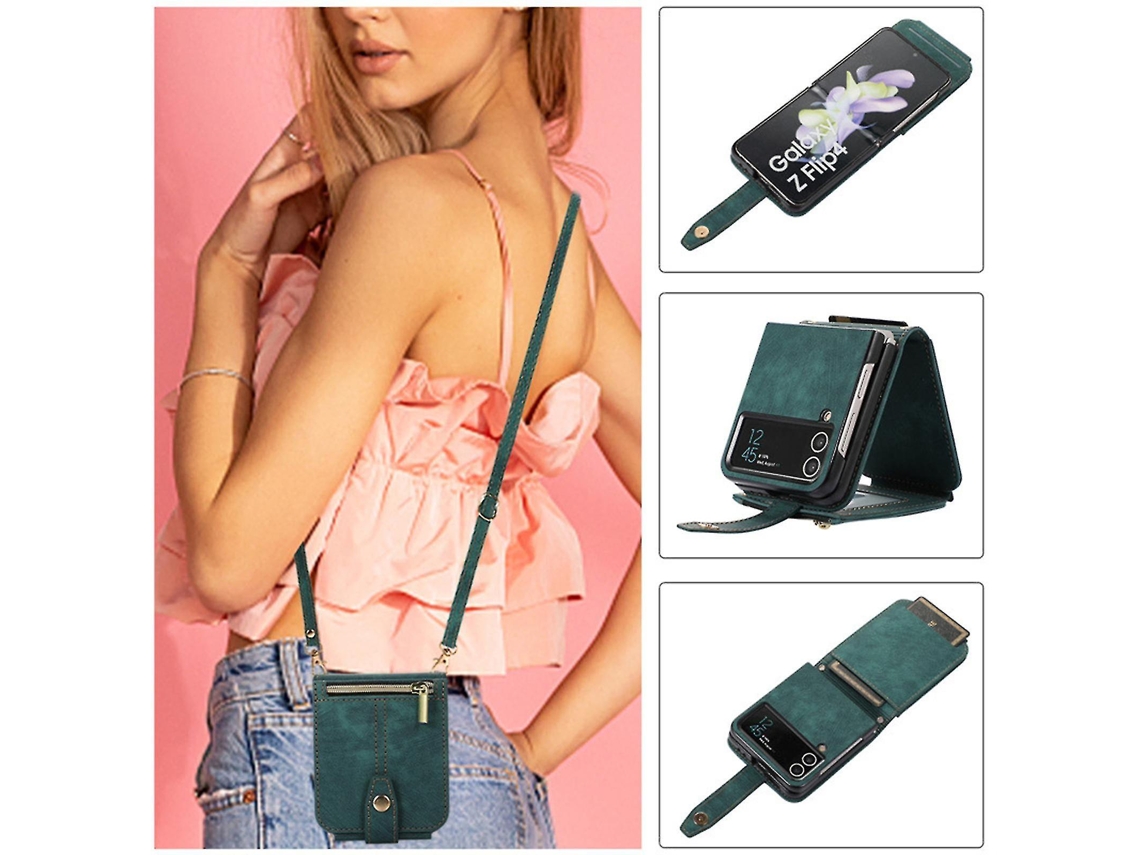 Capa De Couro Compatível Com Samsung Galaxy Z Flip 4 Com Compartimento Para Cartão E Alça Transversal, Capa Para Celular E Carteira