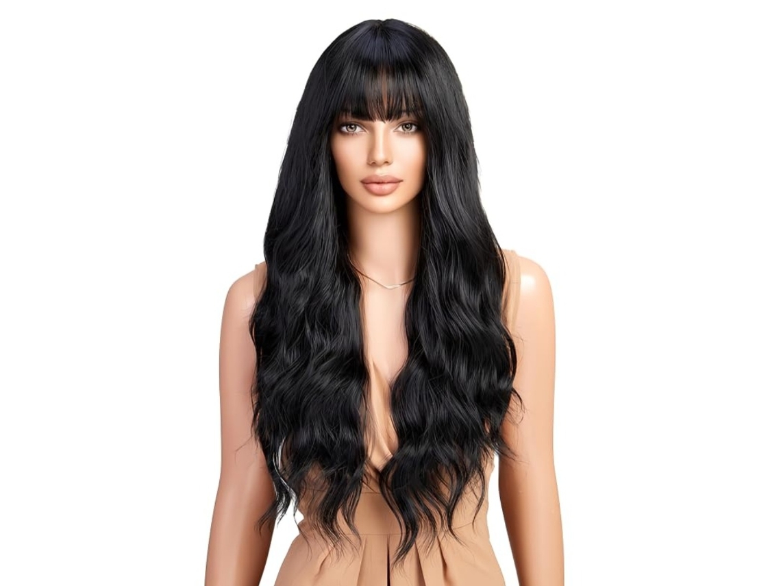 Peruca longa e ondulada com franja de cabelo sintético resistente ao calor INF
