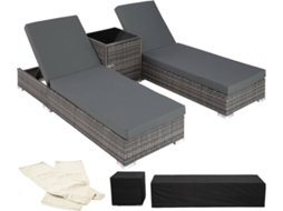 2 Espreguiçadeiras Em Rattan Sintético Tectake  Ajustáveis Em 5 Posições, Com Mesa Auxiliar, Para Uso No Exterior E No Interior, Cinza