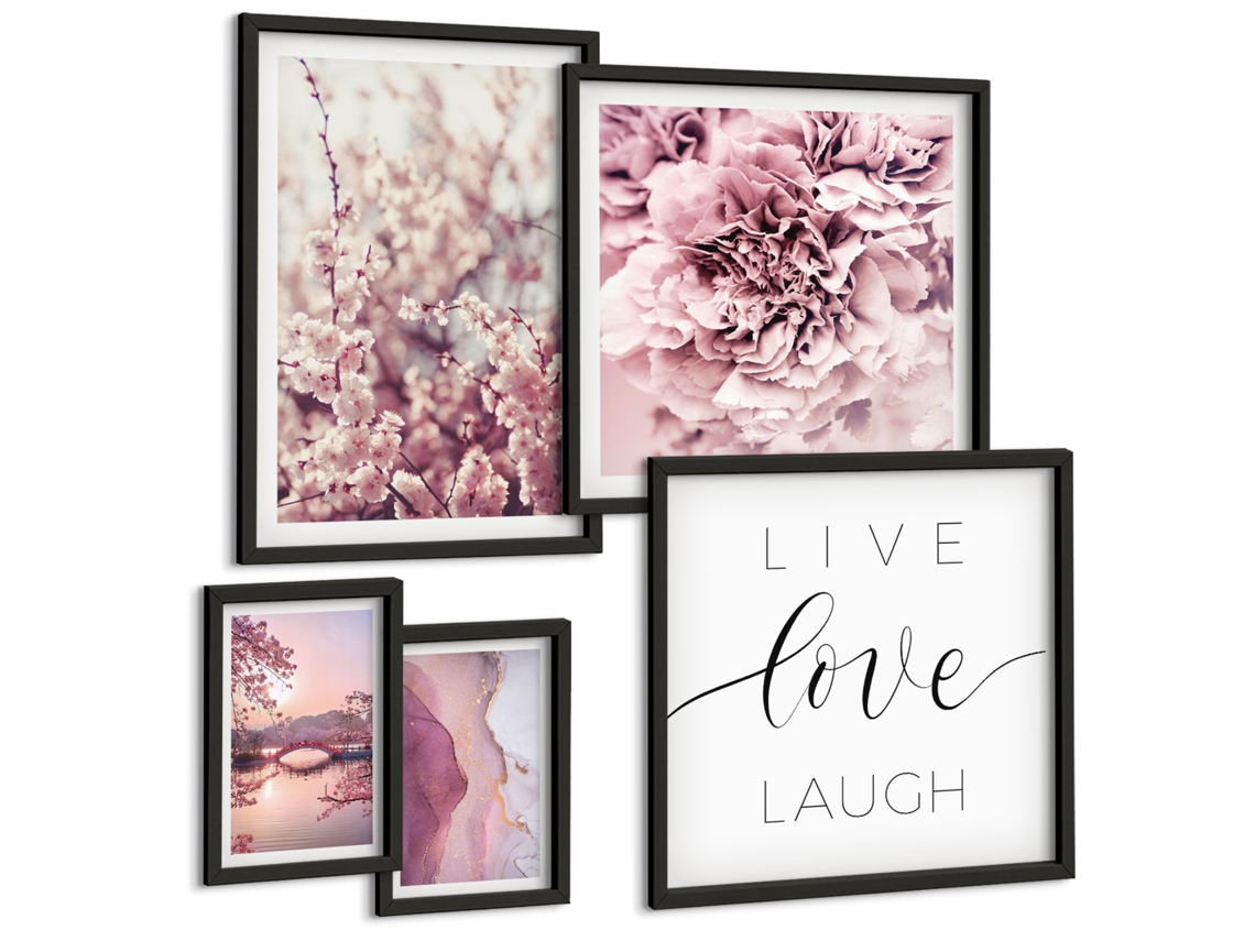 Conjunto De Pinturas Motivos Florais Frases Em Tom Pastel Espelharte (5 Peças)