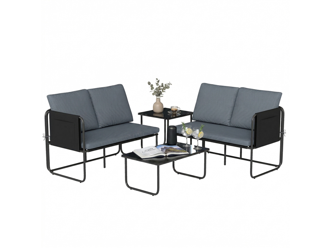 Conjunto de Jardim ZACHARY 4 Peças, Sofá 2 Lugares, 2 Cadeiras, Mesa de Vidro, Cinza