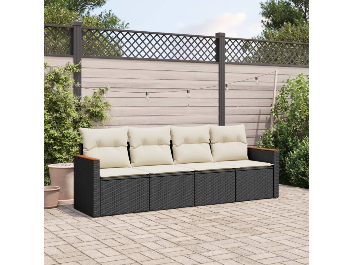 Jogo de Sofá 4 Peças Jardim C/ Almofadões Vime Pe Preto Dkd Home Decor