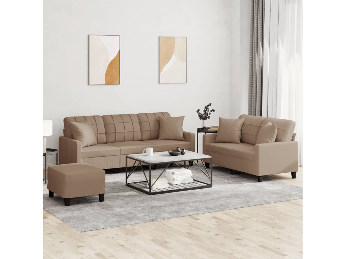 Vidaxl 3 Pcs Conjunto Sofás C/ Almofadas Couro Artificial Cappuccino