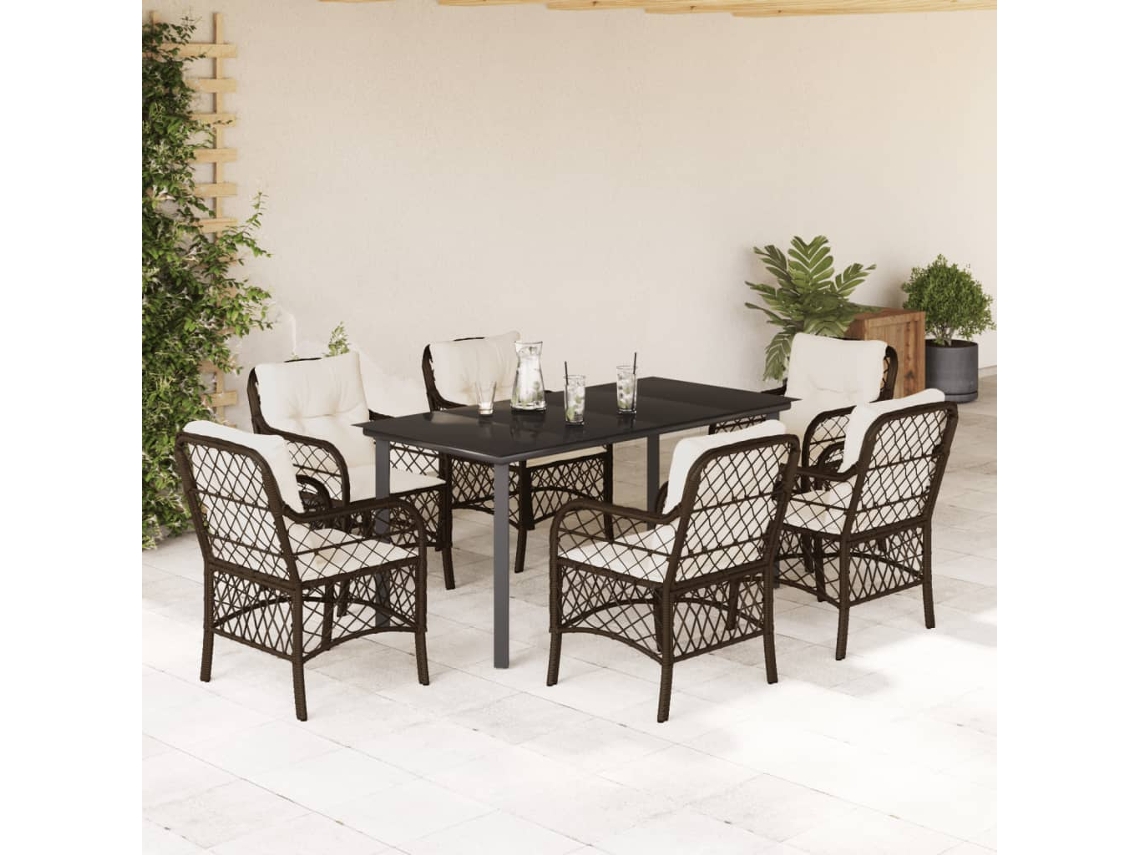 Vidaxl 7 Pcs Conjunto Jantar P/ Jardim C/ Almofadões Vime Pe Castanho