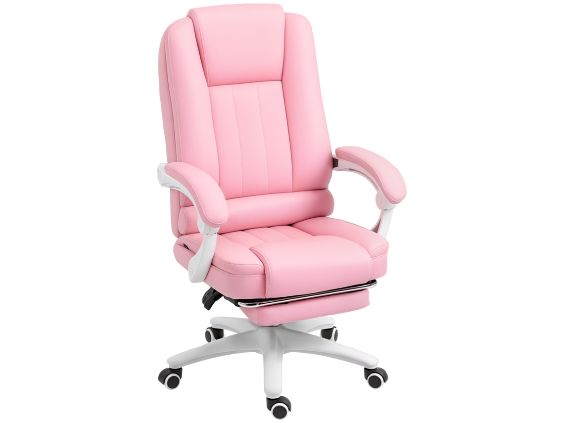 Cadeira de escritório ajustável com apoio de pés, encosto regulável, 5 rodas, rosa e branco