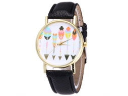 Relógio Casual de Pulsera de Couro Pu Feminino com Movimento de Quartzo Simples (preto)