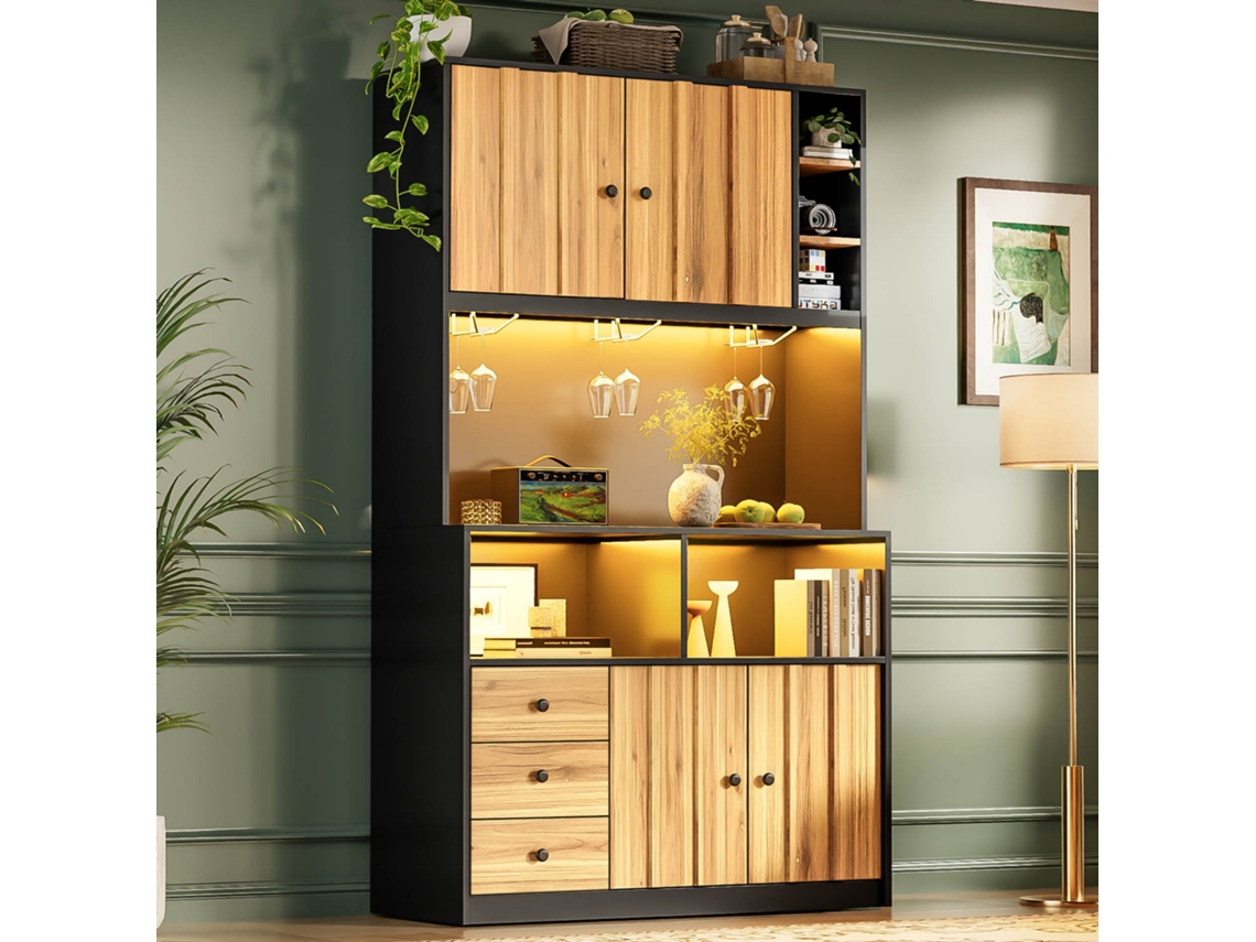 Armário Alto De Cozinha 180 Cm Com Led, Tomada, Arrumação Para Vinho E Vitrine Adequado Para Cozinha E Sala De Jantar
