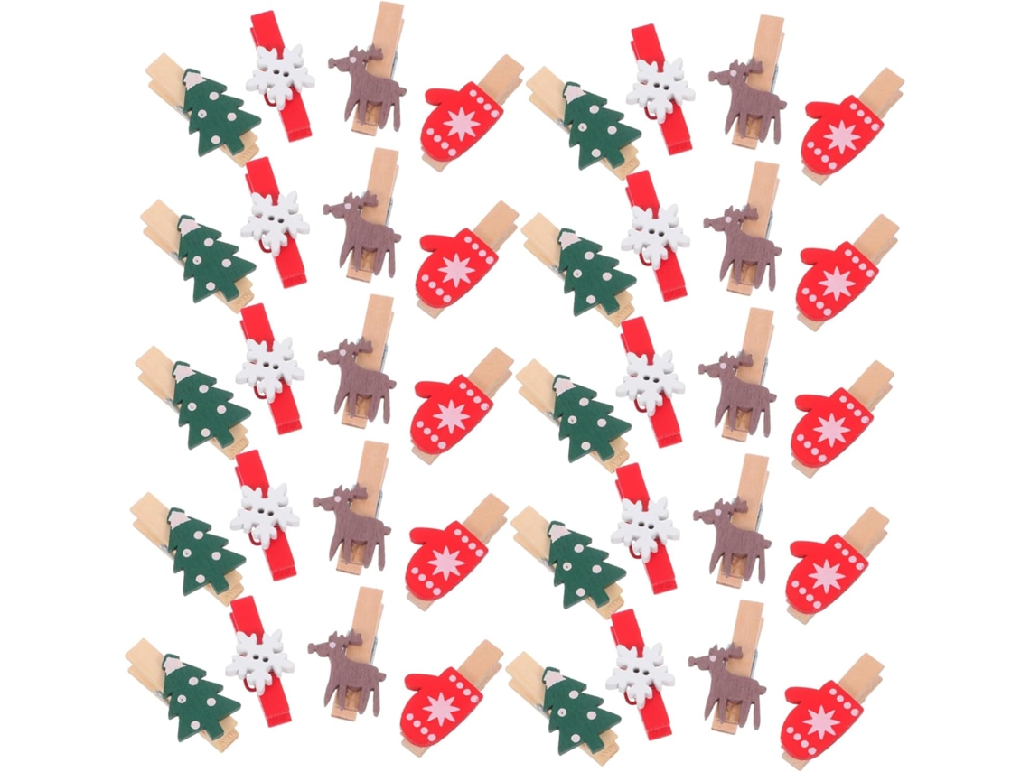 Conjunto 100 Prendedores Roupa Decorativos Natal Desenhos Árvore Floco Pequenos Fotos Decorações Festivas GOKOCO