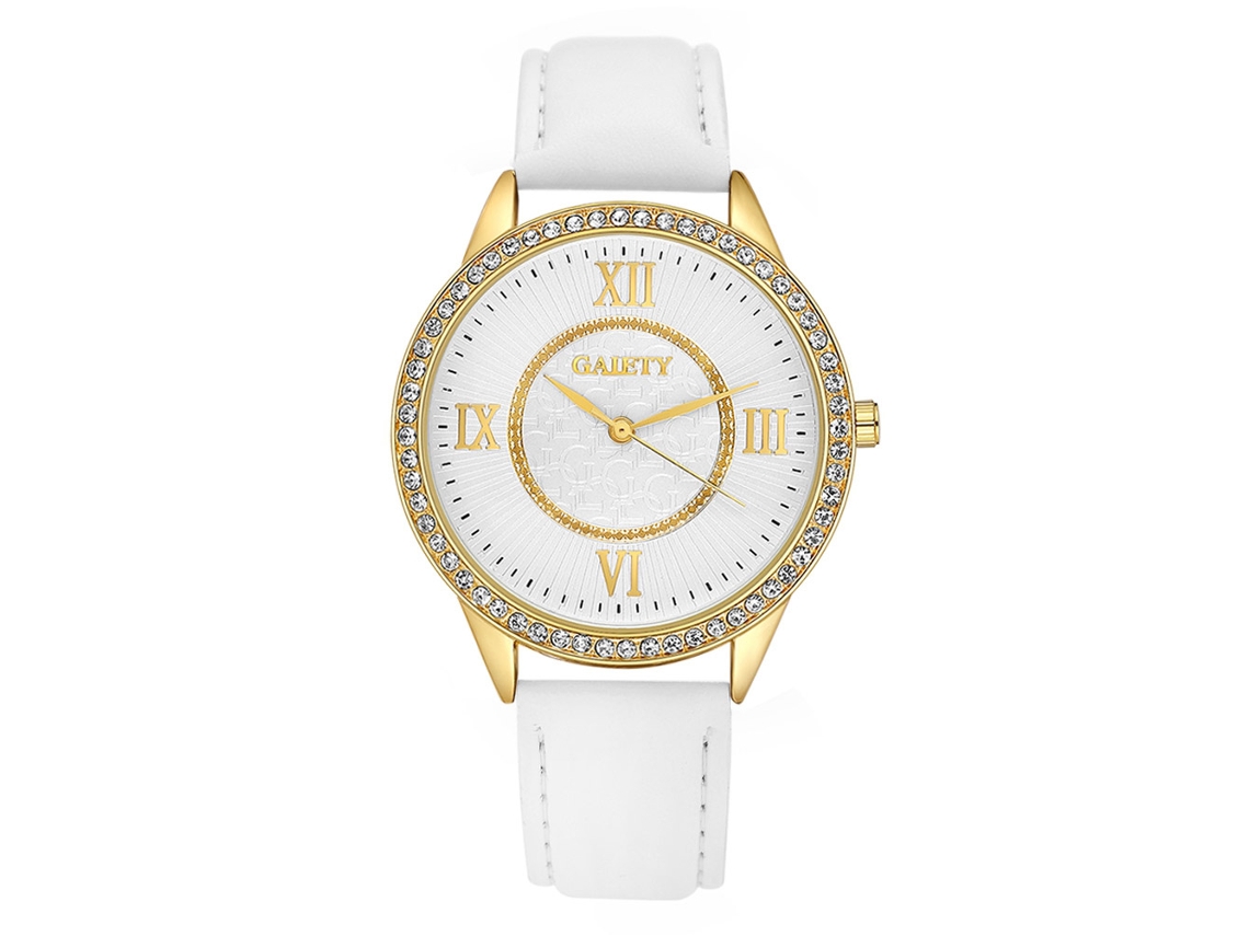 Relógio feminino de luxo Gaiety com mostrador cravejado de strass, pulseira de couro PU e mecanismo de quartzo analógico.
