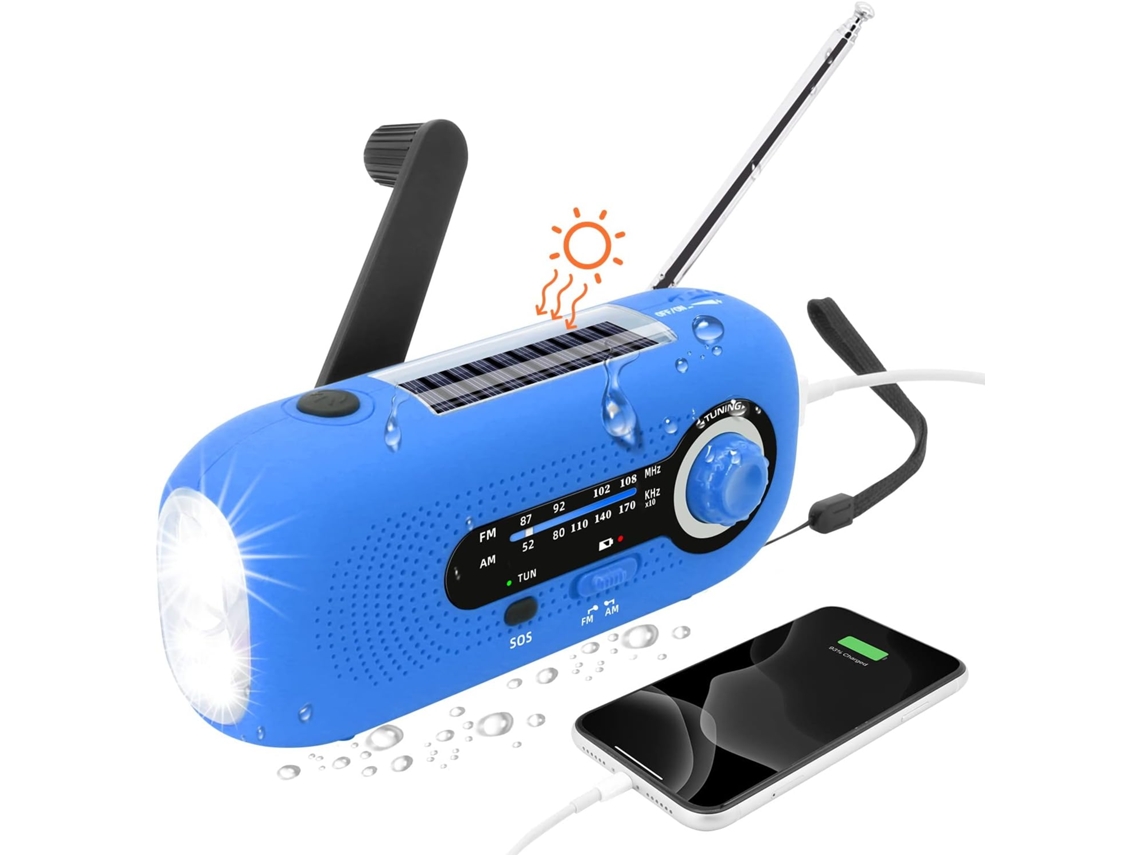 Rádio Portátil Bluetooth com Mecanismo de Corda, Manivela e Solar AQUAFORGE