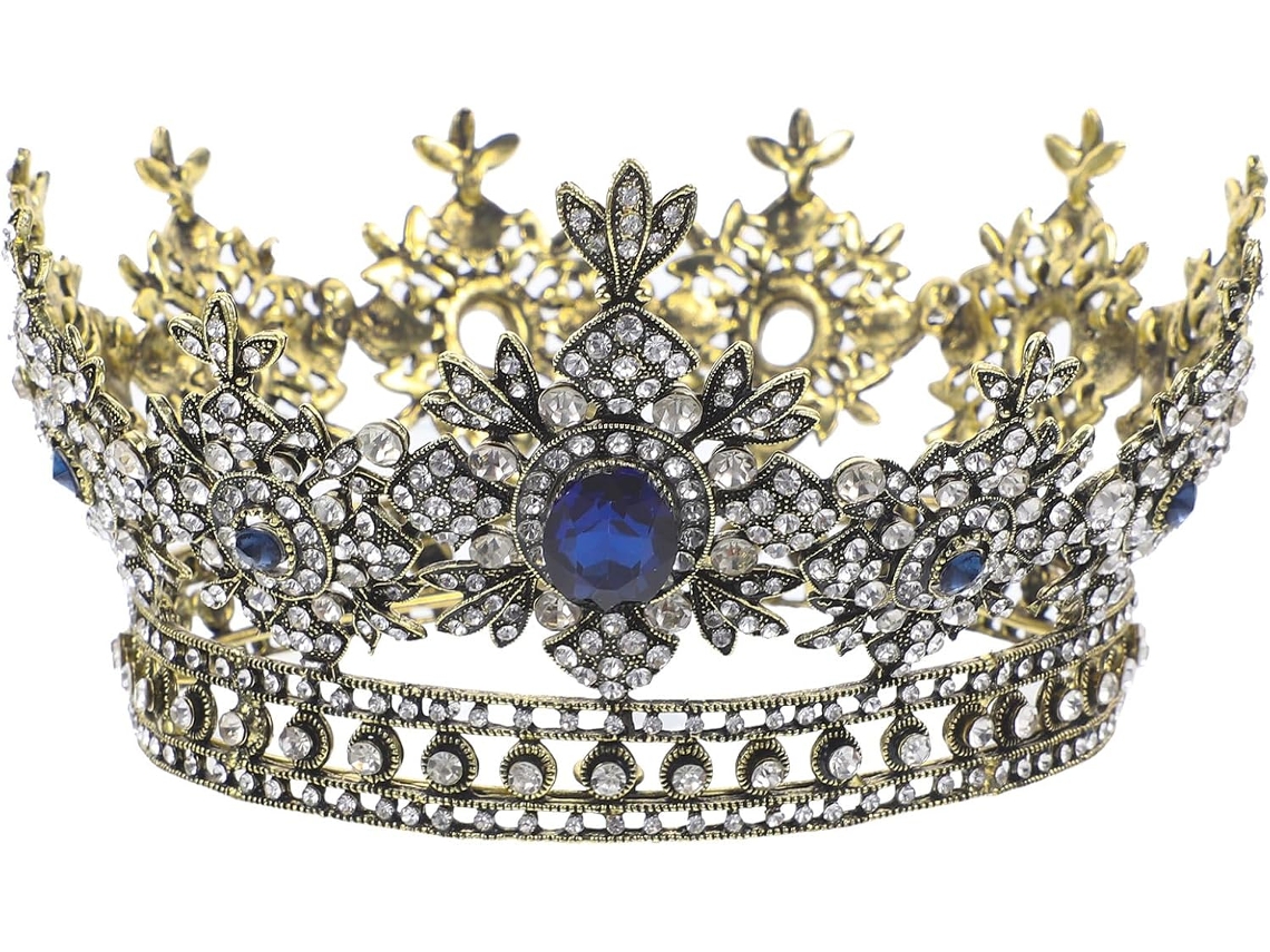 Coroa De Noiva Barroca Redonda Ciieeo Com Strass Azuis, Tiara Retrô Chique Para Aniversários E Formaturas.