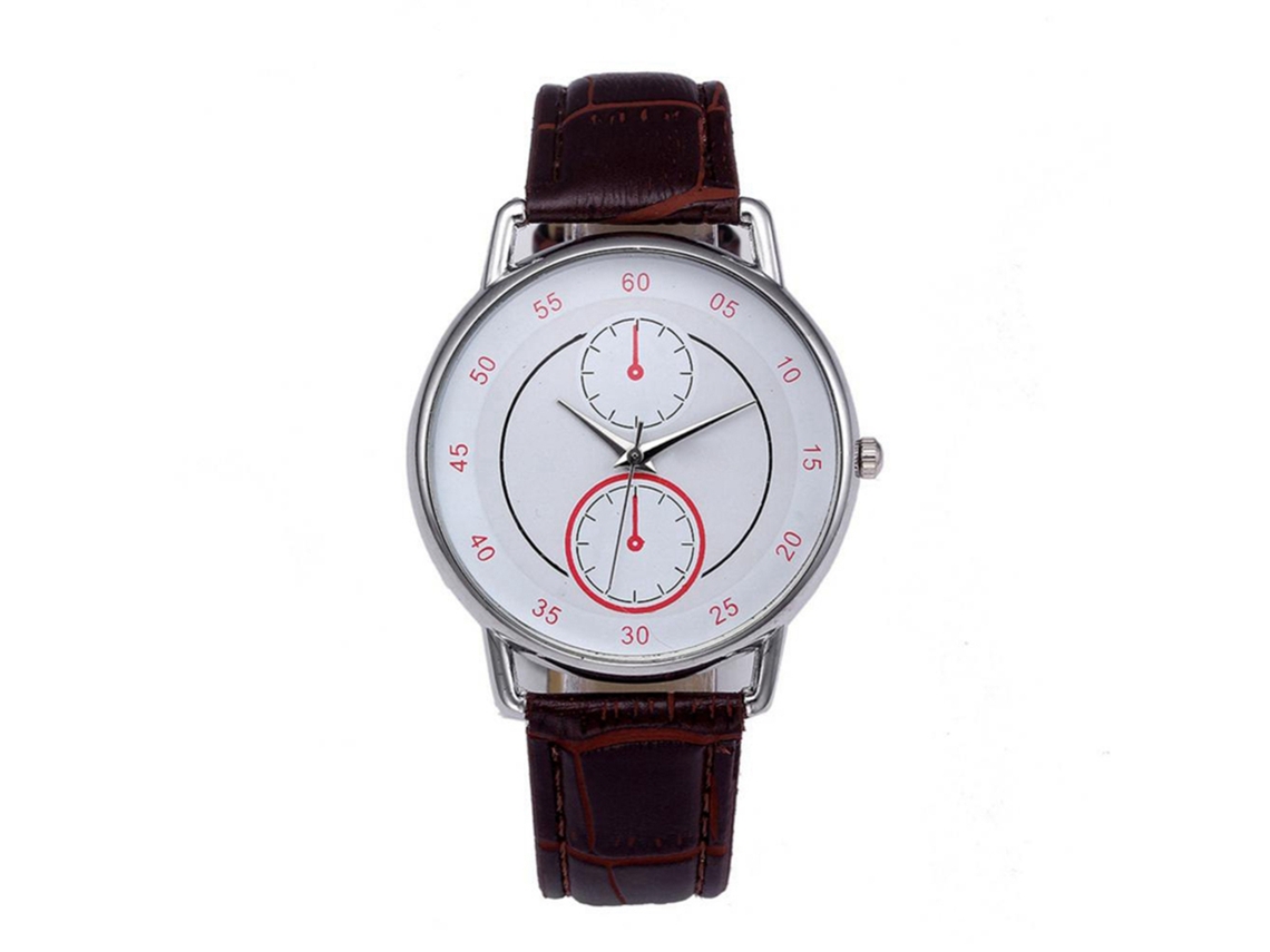 Relógio de quartzo unissex com pulseira ajustável, design simples e elegante, mostrador vermelho e pulseira marrom.