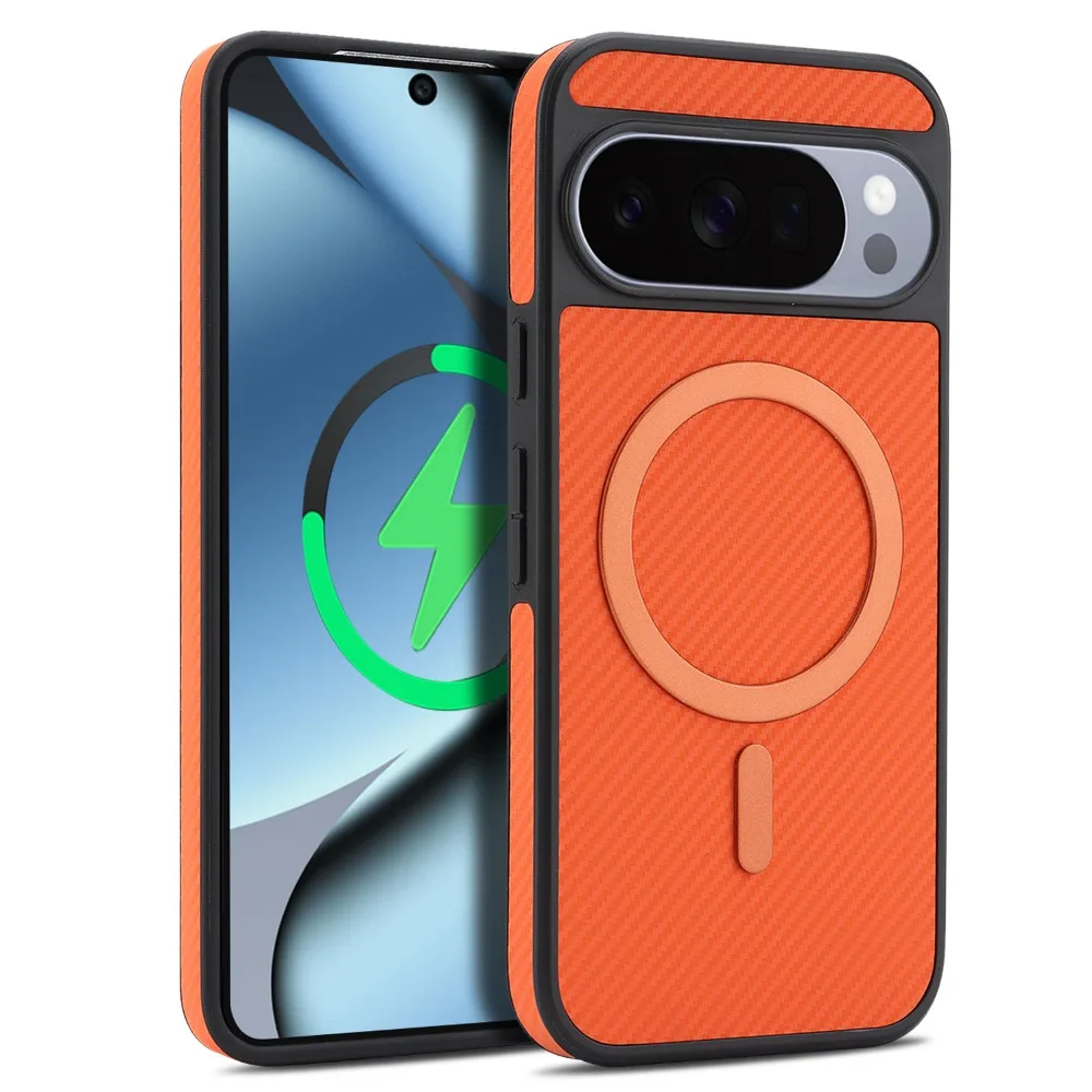 (laranja, Google Pixel 10a) Capa Para Celular Em Couro Pu Com Textura De Fibra De Carbono Fosca, Compatível Com Carregamento Sem Fio Magsafe.