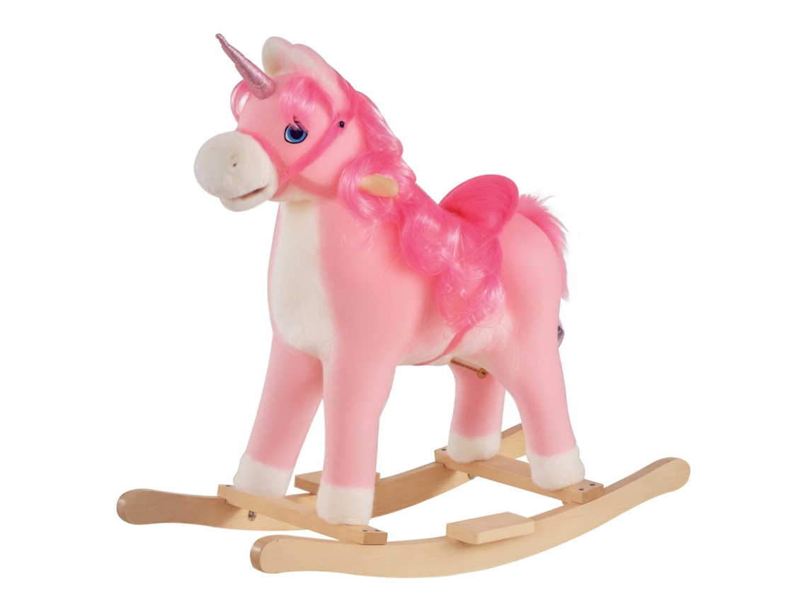 Cavalo de Balanço para Crianças de 36 a 72 Meses, Unicórnio Balançando com Sons de Madeira e Pelúcia Rosa, 74x33x62cm
