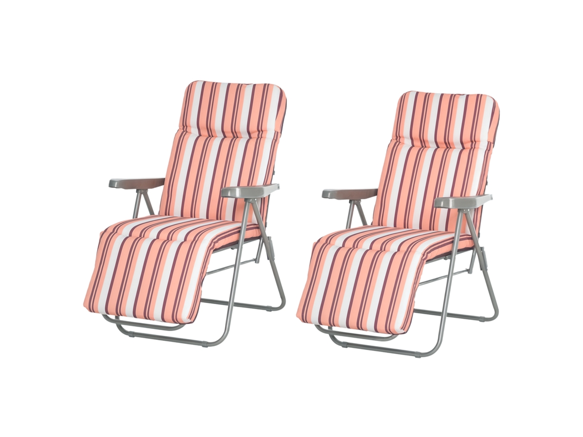 2 Espreguiçadeiras Jardim Dobráveis Aço Almofada Encosto 5 Posições Apoio Pés 60x75x65-102cm Laranja Branco