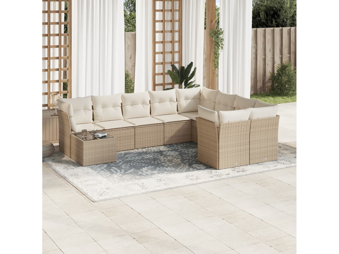 10 Pcs Conjunto De Sofás P/ Jardim Com Almofadões Vime Pe Bege Dkd Home Decor