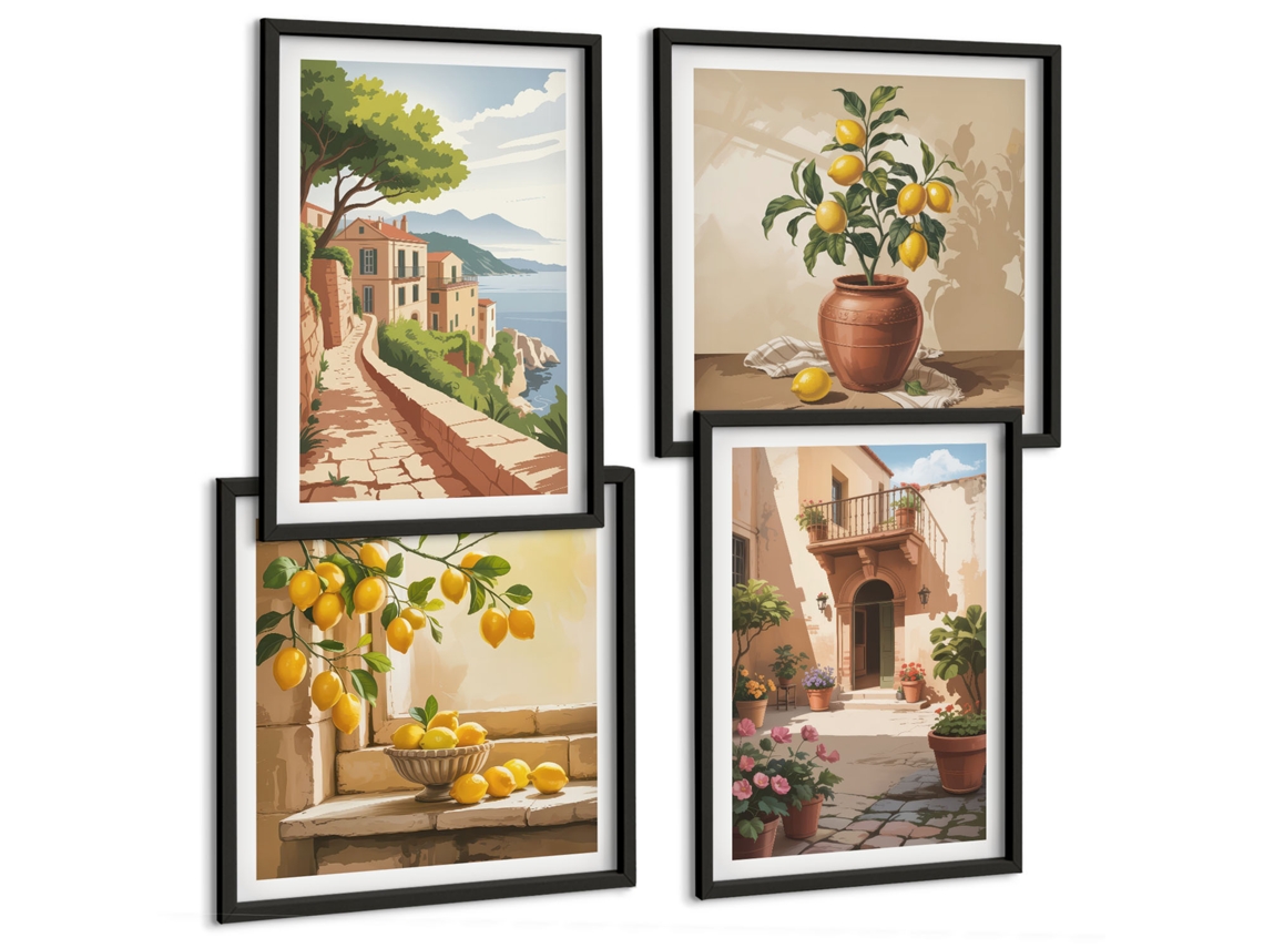 Composição De Quadros Paisagens Tranquilas De Verão, Boho Moldura Preta Imagens Para Um Quarto Infantil Espelharte (conjunto De 4 Imagens)