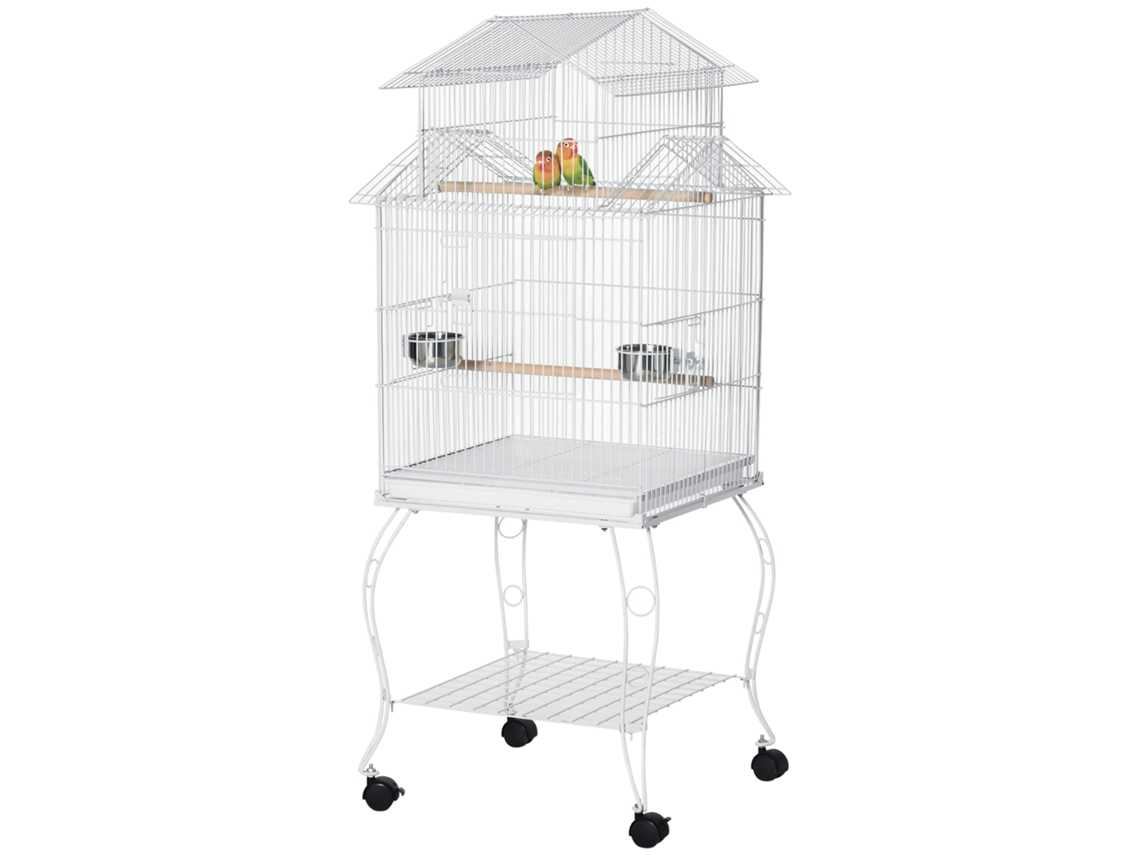 Gaiola para Pássaros com Rodas Bandeja Amovível Portas Comedouro Poleiro e Prateleira Inferior 50x49x137cm Branco