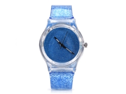 Relógio de Pulso Feminino de Quartzo com Pulseira de Plástico Redonda e Pó Brilhante Azul