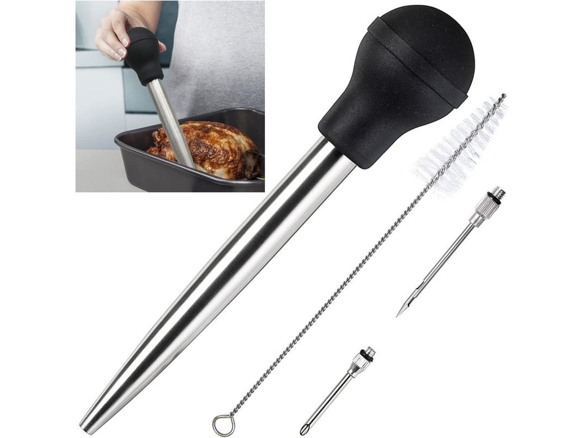 Bacia Nova Line de aço inox e borracha, com injetor de marinado e escova para limpeza fácil