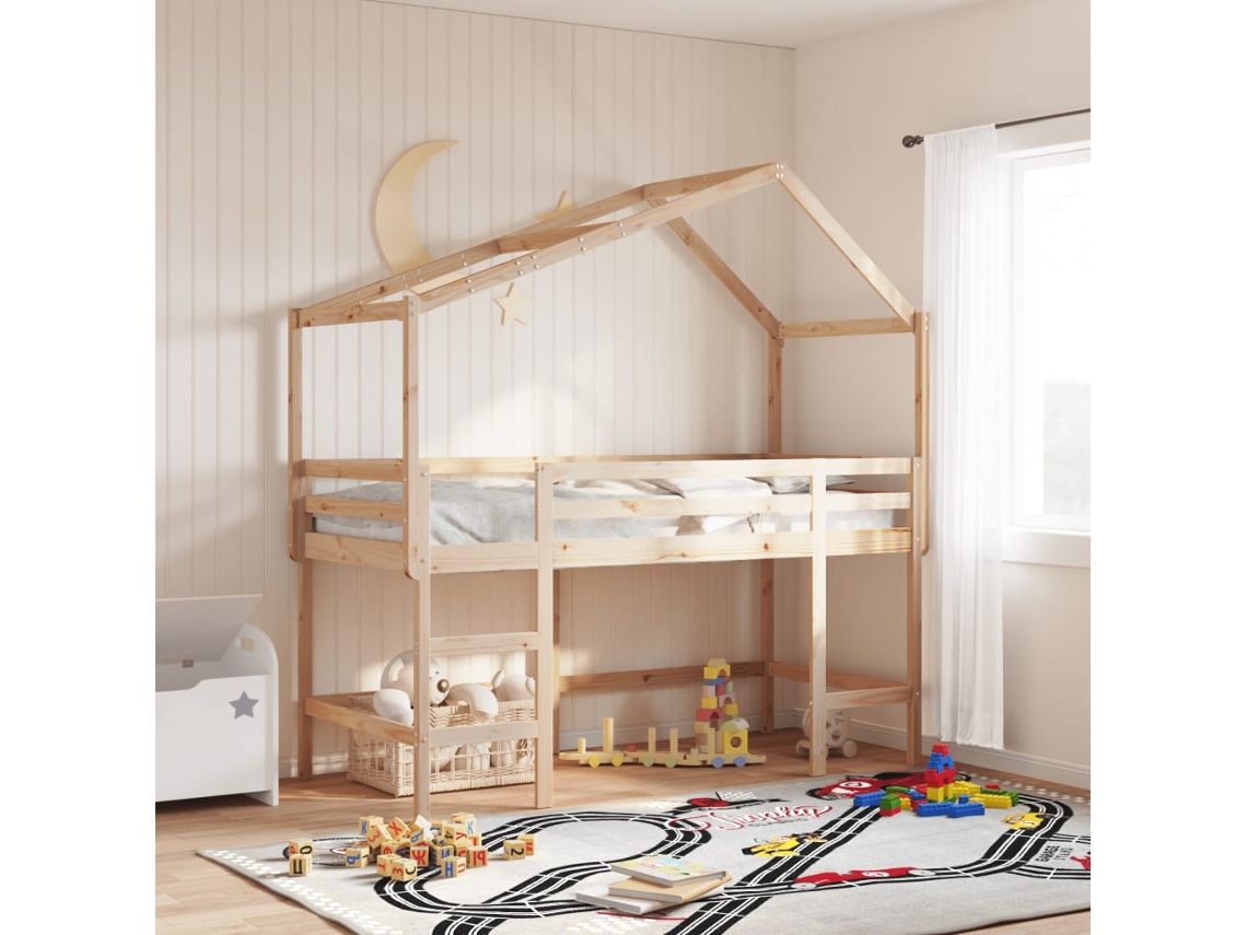 Cama Alta C/ Escada E Telhado 80x200 Cm Pinho Maciço