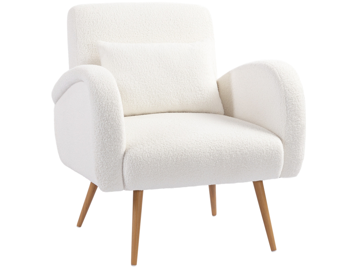 Poltrona em Fleece BTFORUS, com almofada lombar, pés de metal, branca