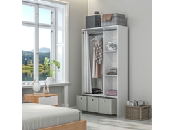 Armário de Arrumação com Varão, Cortinas, 3 Gavetas, Branco 105x48x160cm ZIWEI STORE