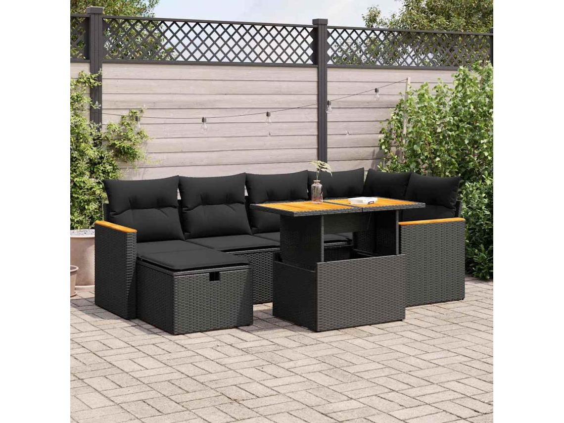 Vidaxl 8 Pcs Conjunto Sofás De Jardim Com Almofadões Vime Pe Preto