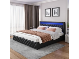 Cama Box 140x200 Cm Preta Pu Com Armário, Iluminação Led E Suporte De Lamelas