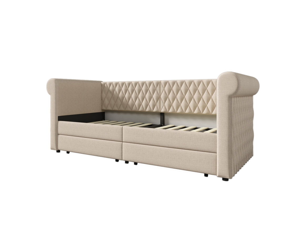 Sofá-cama Com 2 Gavetas Em Tecido De Linho - 90x200 Cm - Com Estrado De Molas - Bege
