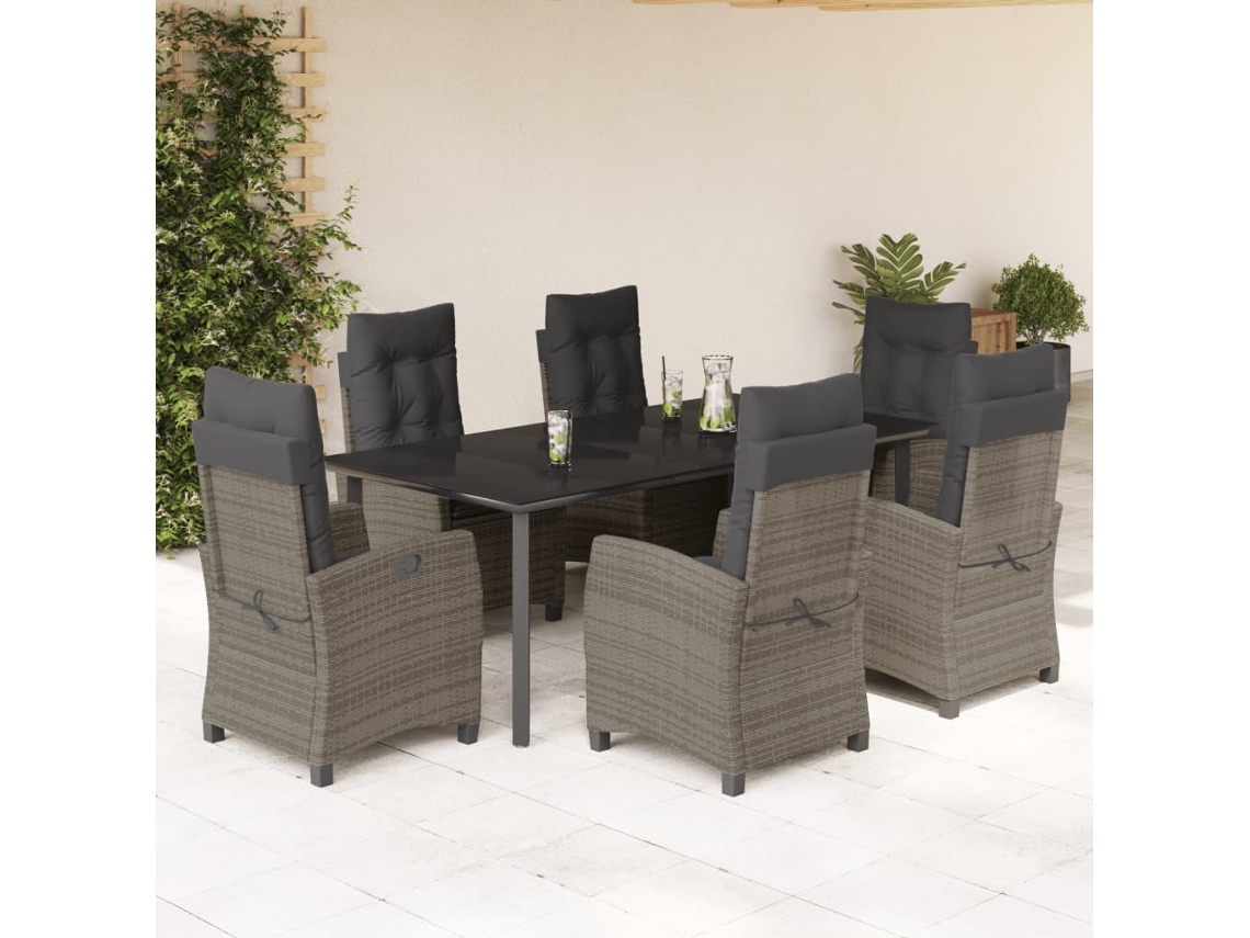Vidaxl 7 Pcs Conjunto De Jantar P/ Jardim C/ Almofadões Vime Pe Cinza