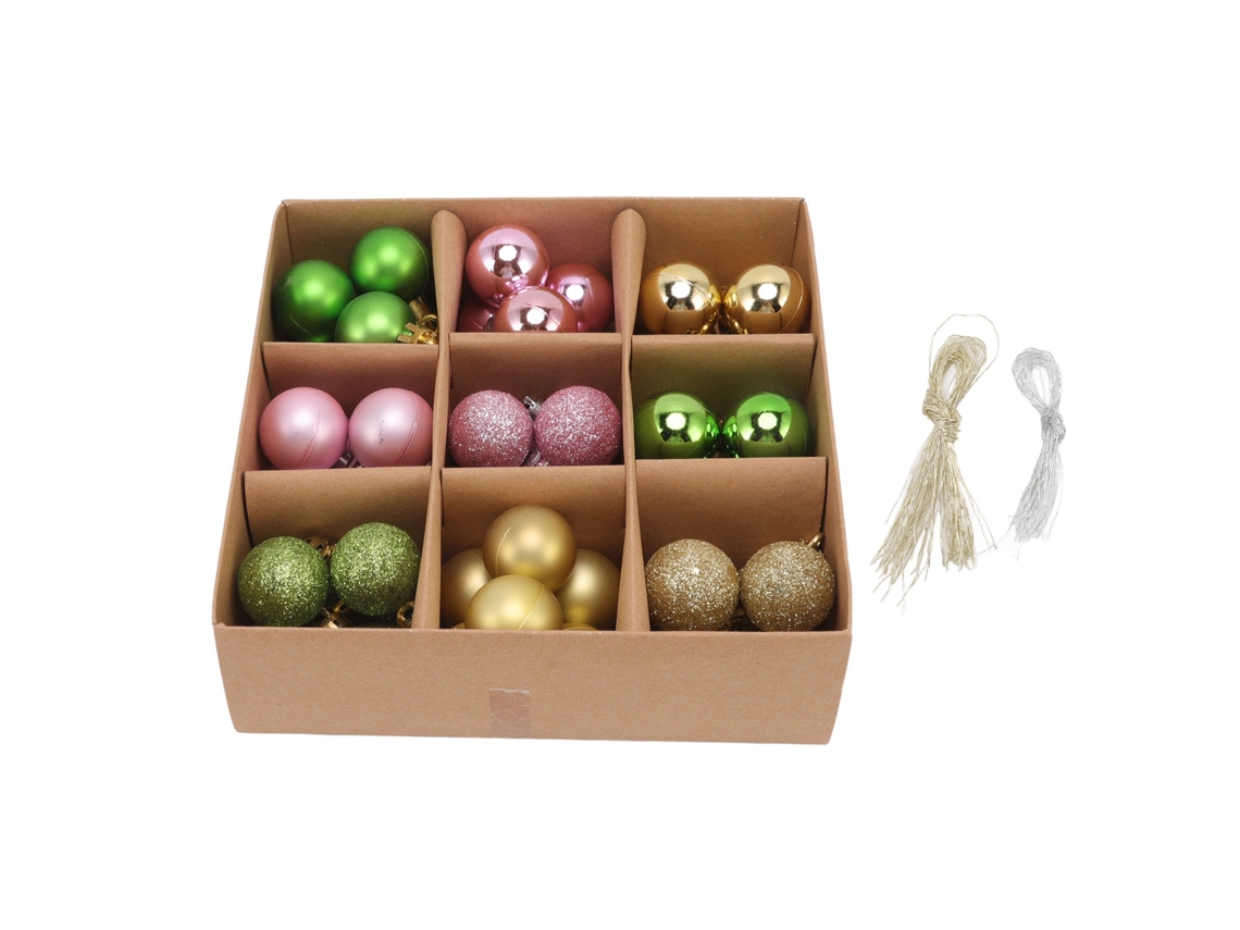 54 Peças Bolas Natal 3cm de Plástico com Gancho para Decoração Árvore Rosa Verde Dourado S/MARCA