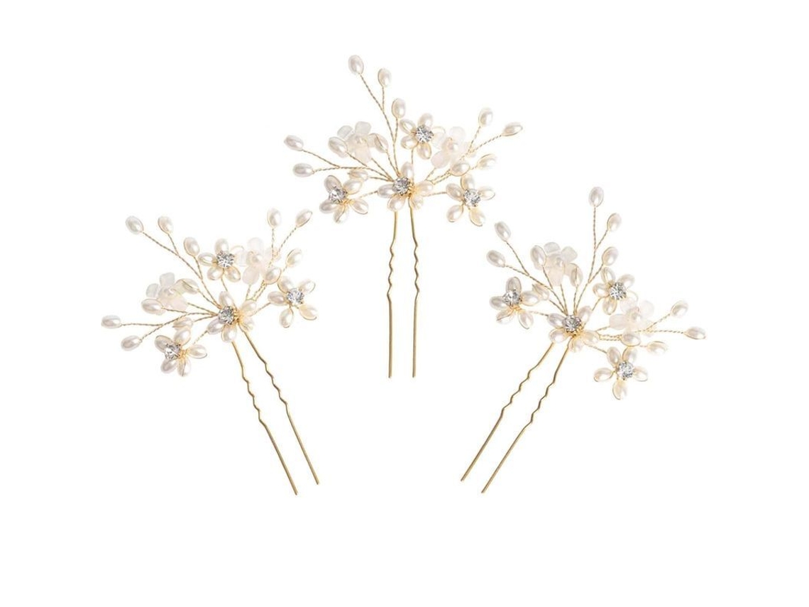 Pinzas De Cabelo De Casamento (3 Unidades) - Acessórios De Cabelo Com Pérolas E Cristais Florais Elegantes Para Noivas (ouro)