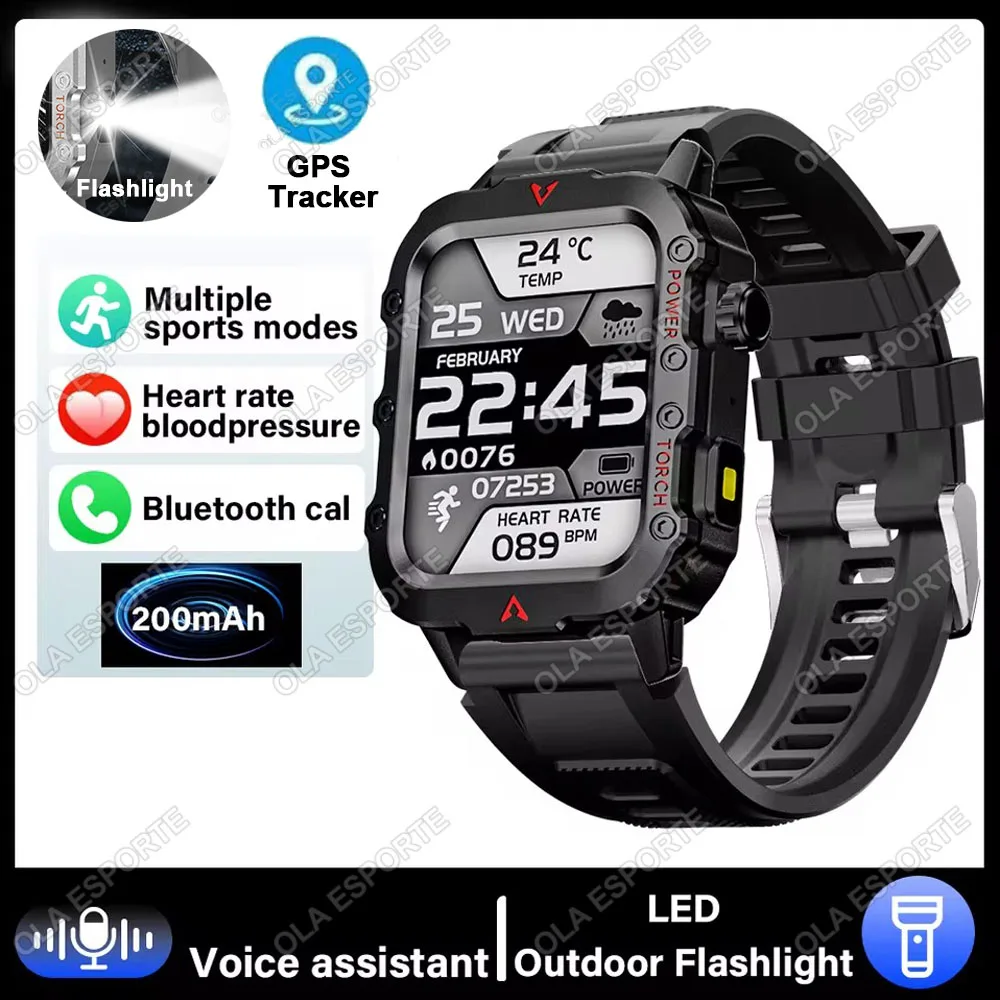 Smartwatch MDUG, para atividades ao ar livre, com lanterna LED, monitor de pressão arterial, GPS e à prova d'água