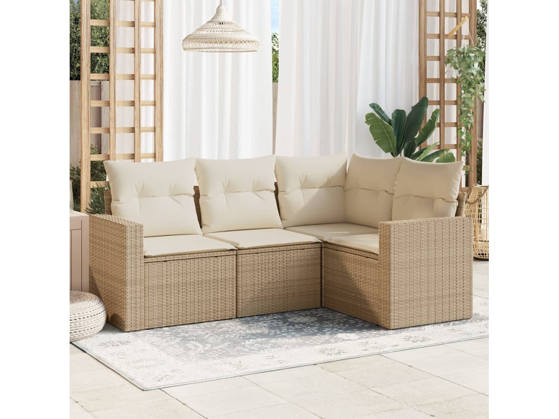 Vidaxl 4 Pcs Conjunto De Sofás Para Jardim C/ Almofadões Vime Pe Bege