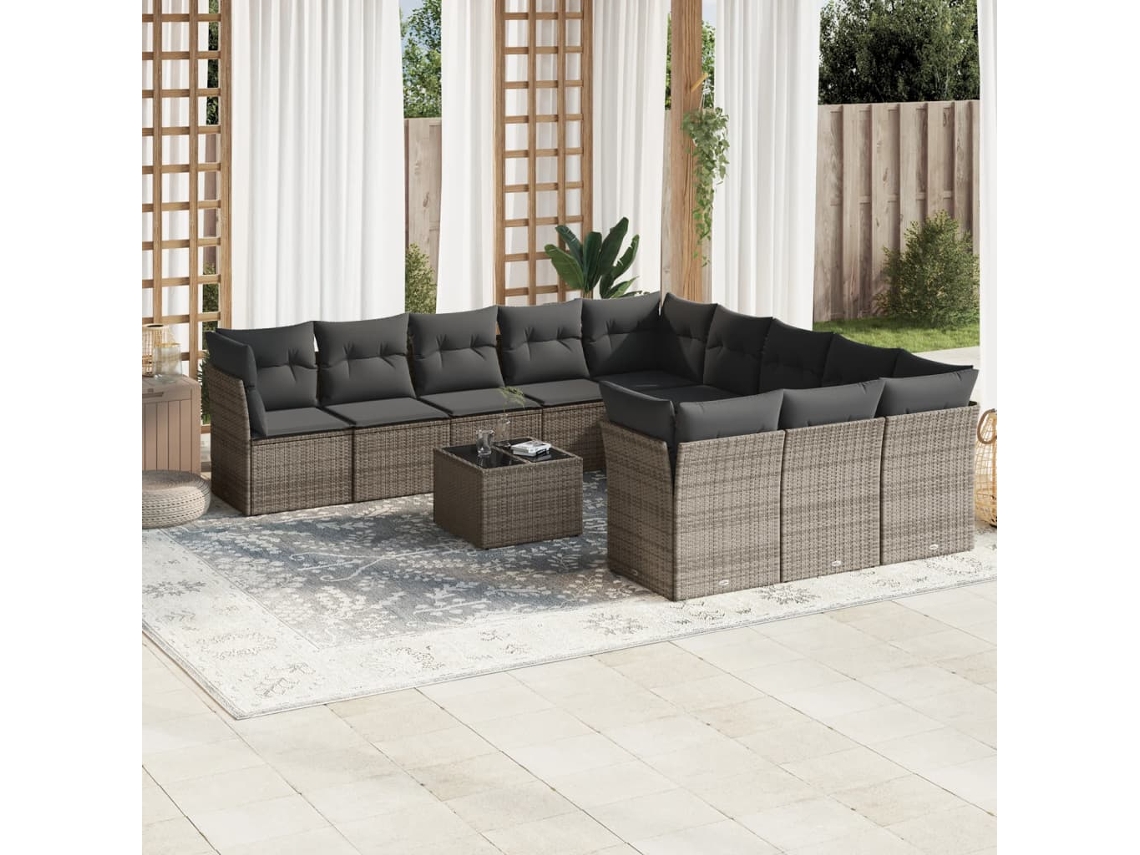 Vidaxl 12 Pcs Conjunto de Sofás Jardim C/ Almofadões Vime Pe Cinzento
