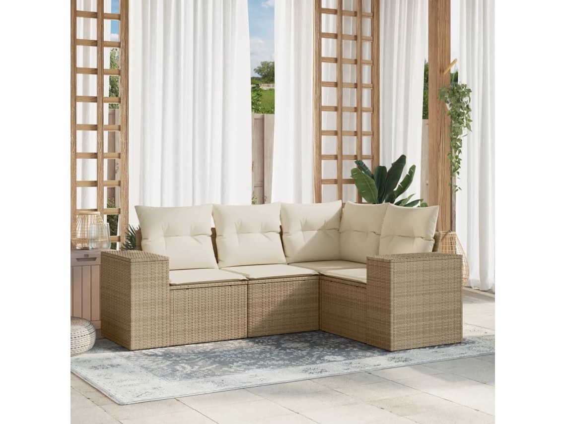 Vidaxl 4 Pcs Conjunto De Sofás Para Jardim C/ Almofadões Vime Pe Bege