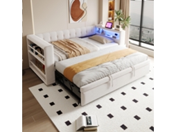 Cama Box 90/180x190 Cm Com Iluminação Led, Tomadas E Muito Espaço Para Guardar Cama Estofada, Sofá-cama Multifuncional, Cama Solteiro, Bege
