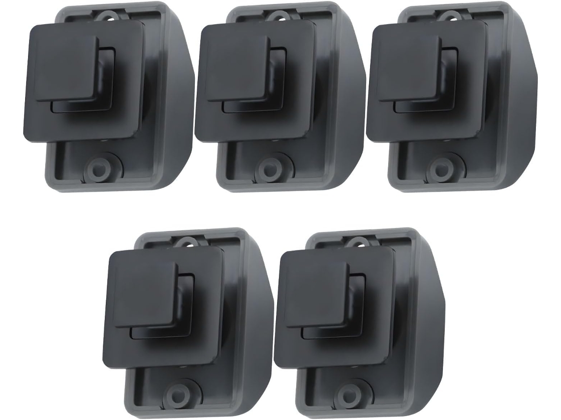 Conjunto de 5 suportes metálicos de segurança com botão de pressão, sem chave.