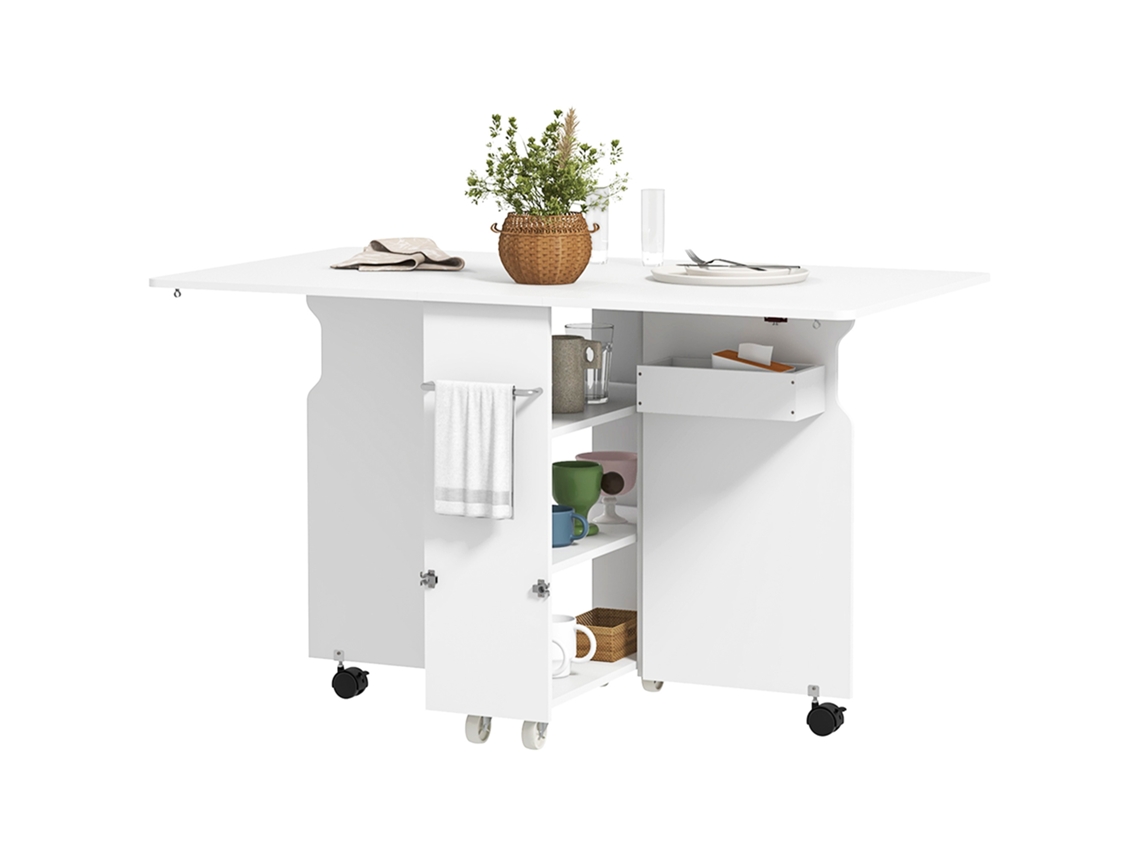 Mesa retrátil com prateleiras, 3 andares, com rodas, 130x80x76,5cm, branca