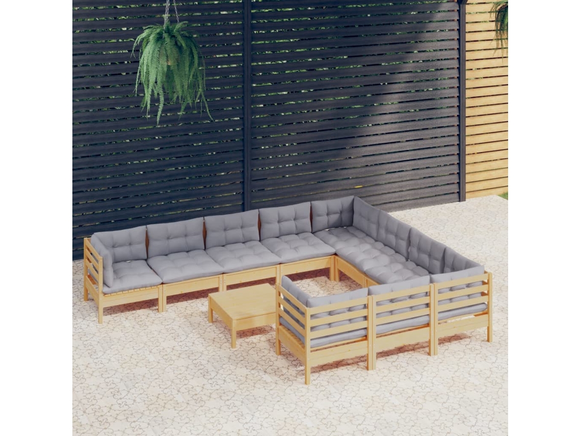 Vidaxl 11 Pcs Conjunto Lounge De Jardim C/ Almofadões Cinza Pinho