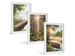 Composição De Quadros Paisagem, Floresta, Lago, Barco Moldura Branca Fotos Para O Escritório Espelharte (3 Piezas De 40x60 Cm)