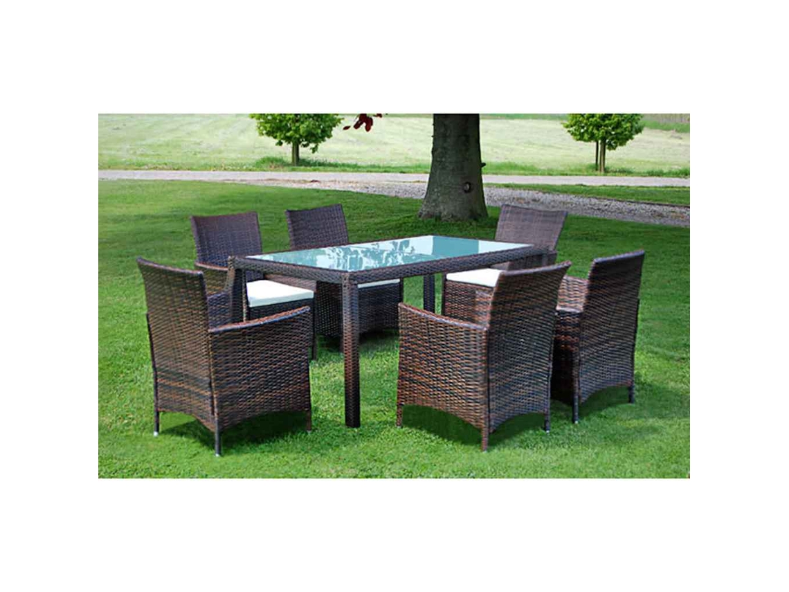 7 Pcs Conjunto Jantar Externo Com Almofadões Vime Pe Marrom Dkd Home Decor