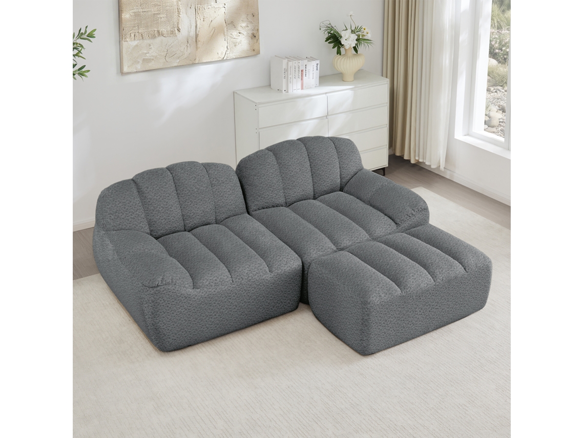 Sofá Modular L De 2 Lugares Em Formato Concha, Com Almofadas Profundas E 1 Otomano, Cinza.