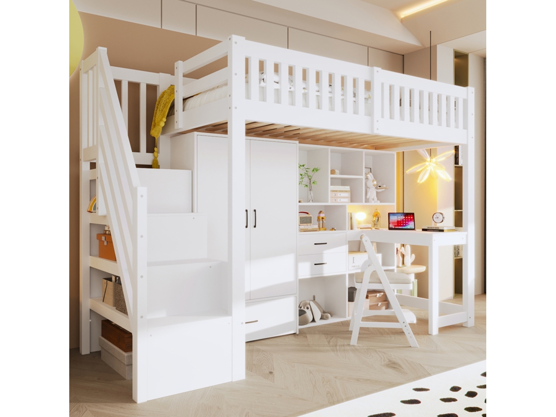 Hochbett 90x200cm Com Armário Prateleira Mesa Gavetas Nichos Branco Sem Colchão