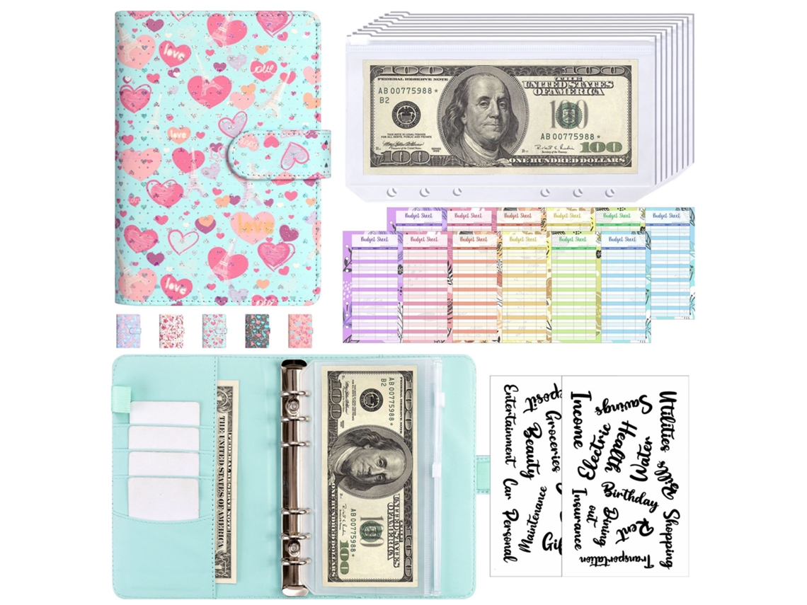 A6 Ring Binder Cash Budget Planner, Pu Leather Blue Cover With Eiffel Tower Heart Design, 8-zipper Pockets, 12 A6 Cash