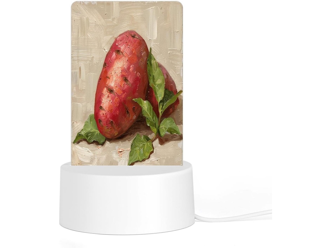 Luminária noturna LED acrílica plug and play com base de plástico, cor vermelha vibrante, estampa de doze batatas-doces.