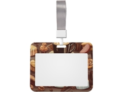 Porta-crachá com cordão, em prova d'água, vertical, em plástico, com estampa de café, doces e chocolates.